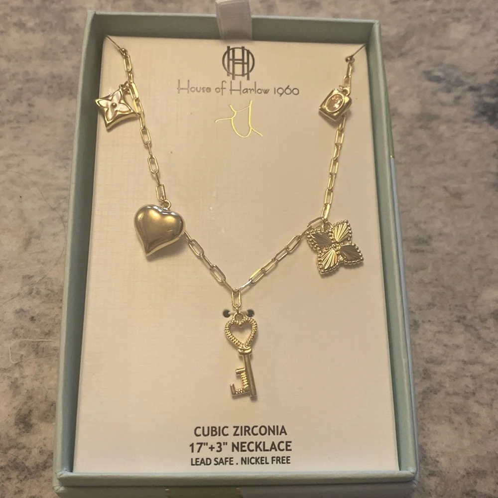 House of Harlow Gold Charm Cubic Zirconia Necklace Key 17” - Picture 1 of 4